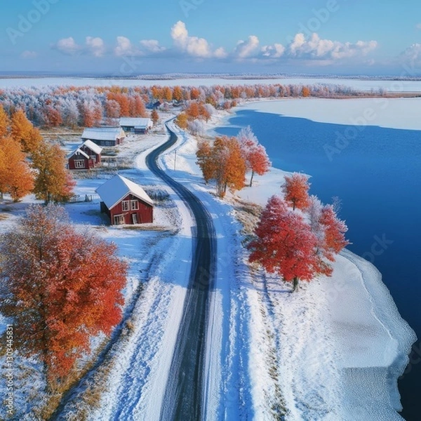 Fototapeta Scenic Winterscape: A Road Leading Through Snowy Landscapes, Alongside a Frozen Lake, Past Cozy Cabins and Autumnal Trees.
