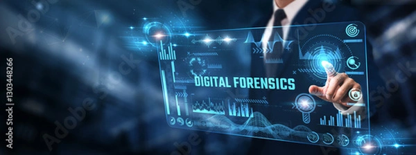 Fototapeta Digital Forensics: Businessman analyzing digital screen of graph data and evidence analysis, data recovery, cybercrime investigation, incident response, and forensic tools.