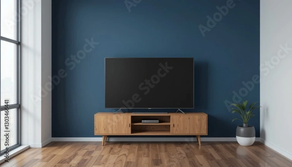 Fototapeta Mockup of TV on Cabinet in Modern Empty Room with Dark Blue Wall Background