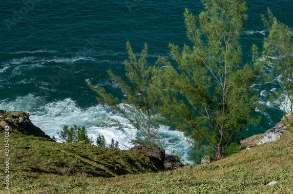 Fototapeta Green vegetation and grass on the hillside of Pontal do Atalaia observation deck hillside with Atlantic Ocean blue waters waves breaking over the rocks in Arraial do Cabo, Rio de Janeiro - Brazil