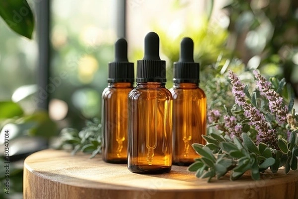 Fototapeta Three bottles of essential oils placed on a wooden table