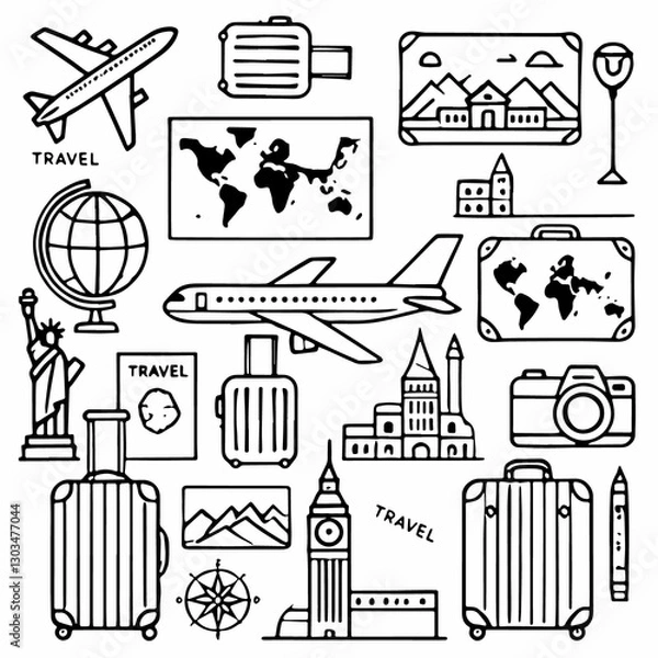 Fototapeta Black and white sketch of a traveler drawn by hand. Can be used for banner and advertising of travel and vacation. Material is not AI