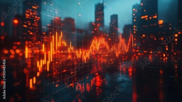 Fototapeta Night Cityscape with Dynamic Stock Market Graph Overlay