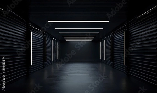 Fototapeta Empty black room with a dark background and ceiling lights. The scene is illuminated by the light of three square lamps on each side