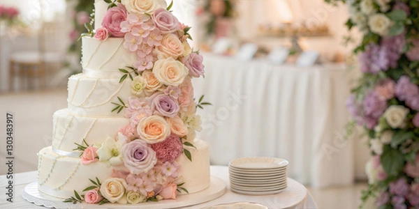 Obraz White three-tier wedding cake with floral decorations set on table at reception venue