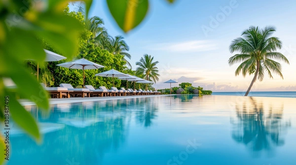 Fototapeta A tranquil resort pool with palm trees, white lounge chairs, and umbrellas reflecting on the water at sunrise.