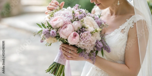 Fototapeta Young bride gently holding wedding bouquet with soft pink roses and white flowers