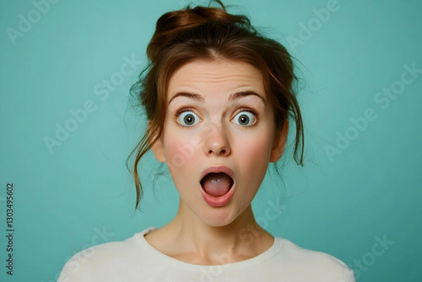 Fototapeta Woman with surprised facial expression, isolated on solid background