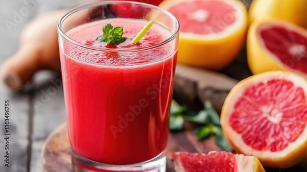 Fototapeta A glass of red juice with a green leaf on top. A slice of grapefruit is on a table next to the glass