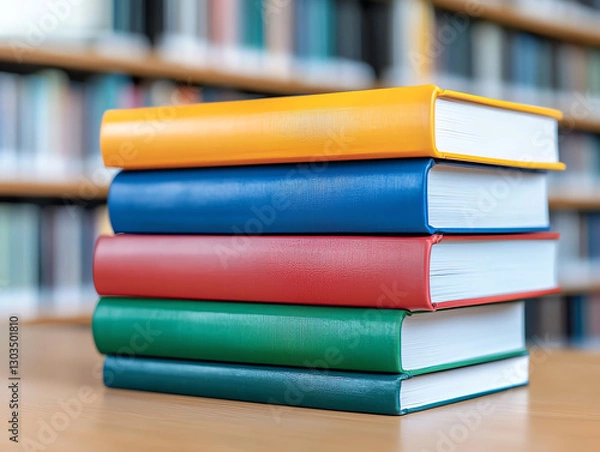 Obraz Colorful stacked books on wooden table in library, showcasing knowledge and learning. vibrant covers invite curiosity and exploration of various subjects