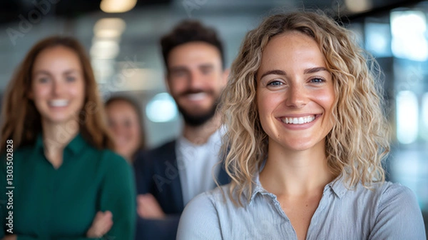Obraz Smiling diverse business team in modern office setting, showcasing teamwork and collaboration. Their positive energy reflects supportive work environment