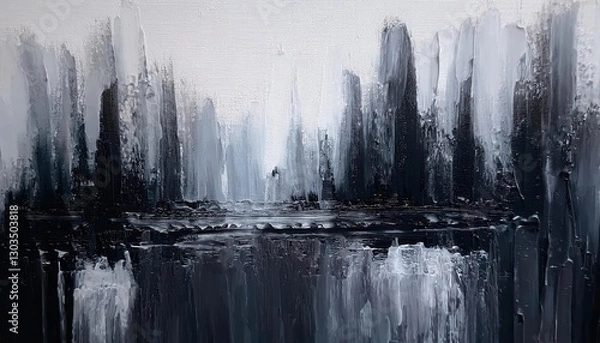 Obraz monochrome abstract cityscape painting with vertical brushstrokes, textured black and white skyline, modern urban wall art

