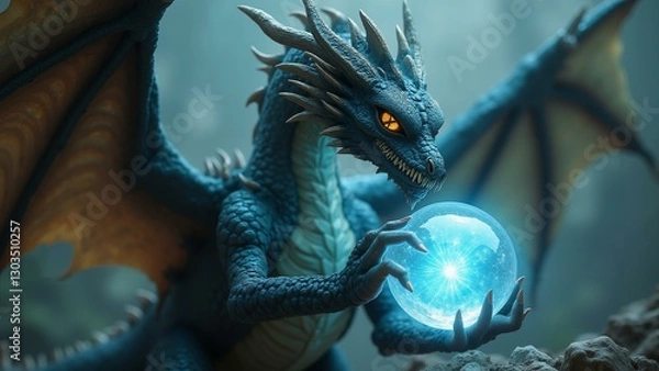 Fototapeta   A majestic dragon holds a glowing crystal ball, its intricate scales and details visible under an 8k resolution. The cyberpunk-fantasy scene is se, ultra detailed, 8k resolution, HDR, professional