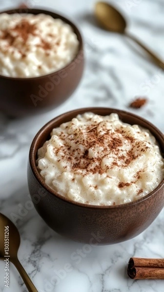 Fototapeta Creamy rice pudding topped with cinnamon in rustic bowls on a marble surface