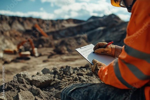Obraz A construction miner supervisor wearing safety gloves signs a working-at-height permit at an open field job site before starting high-risk work on a mining construction site.