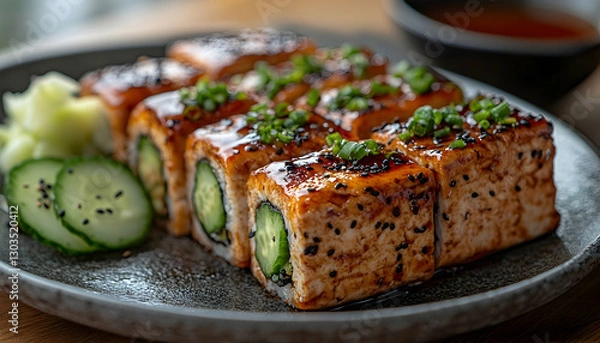 Fototapeta Teriyaki Sushi Rolls on Dark Plate