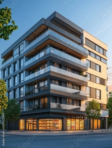 Fototapeta Modern apartment building with closed grocery store on ground floor , urban, residential, architecture, cityscape, facade