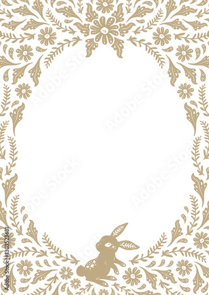 Fototapeta Beautiful adorable bunny with floral flower elements border frame background in vintage art nouveau illusration style for birthday invitation poster printable card book page flyer etc	