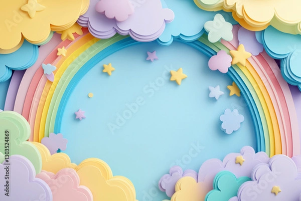 Obraz A soft and inviting whimsical cloud cartoon frame with rainbow on a clean background.