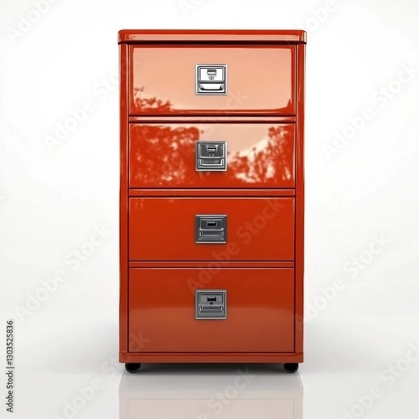 Fototapeta A glossy red file cabinet with four drawers, featuring metallic handles and a sleek design, set against a subtle white background.