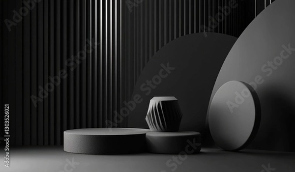 Fototapeta A minimalist black interior featuring geometric shapes and textured surfaces, creating a modern and stylish ambiance with a play of light and shadow.