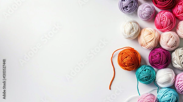 Fototapeta Colorful yarn balls arranged on a white surface ready for crafting and creative projects