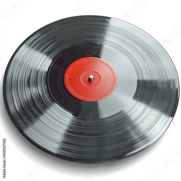 Fototapeta A top view of a black vinyl record with a central red label, showcasing a glossy finish against a white background.