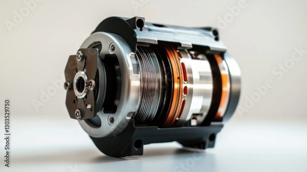 Fototapeta Exposed cross-section of a sophisticated metallic machinery piece on bright table against a soft, neutral background