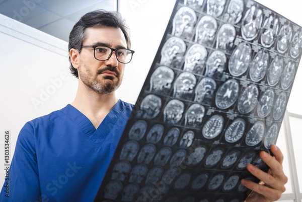 Fototapeta Diagnostics of brain diseases, headaches, tumors and brain cancer with MRI or CT scan. Experienced doctor neurologist looking at MRI scan of patient's head