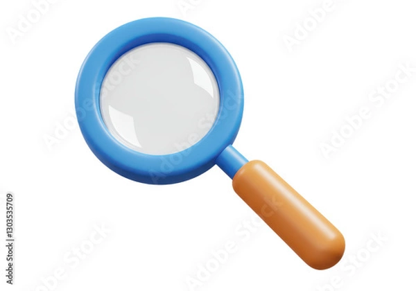 Fototapeta A 3D render of a playful toy like magnifying glass with a thick blue plastic frame isolated on transparent background