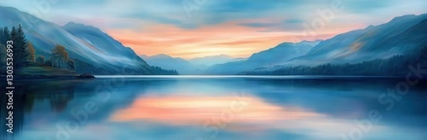 Obraz Serene Dawn Reflections Over Calm Lake Surrounded by Majestic Mountains and Lush Green Forest in a Peaceful Nature Landscape Scene