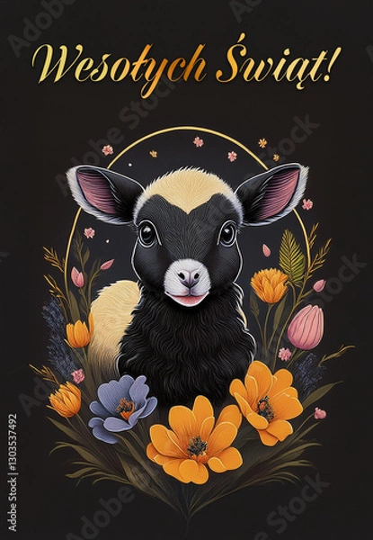 Obraz Easter holiday card concepts with portraits of a lamb,  in spring flowers