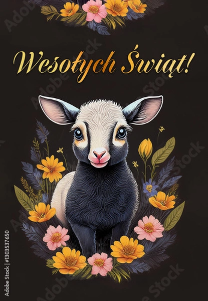 Obraz Easter holiday card concepts with portraits of a lamb,  in spring flowers