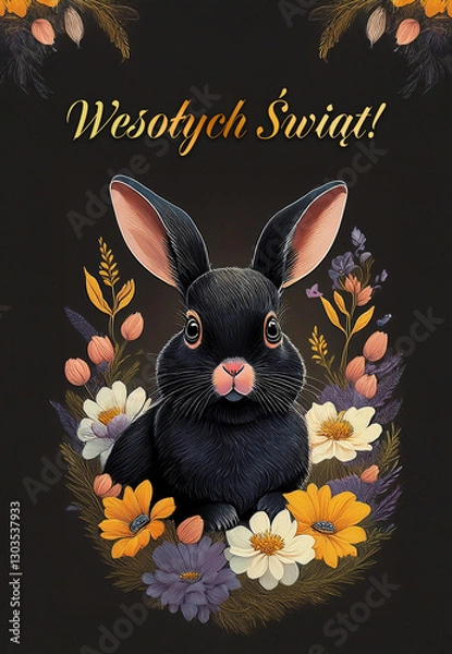 Obraz Easter holiday card concepts with portraits of a hare in spring flowers 