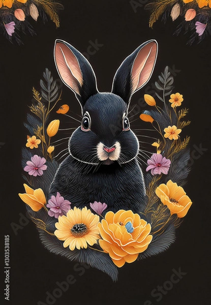 Obraz Easter holiday card concepts with portraits of a hare in spring flowers 
