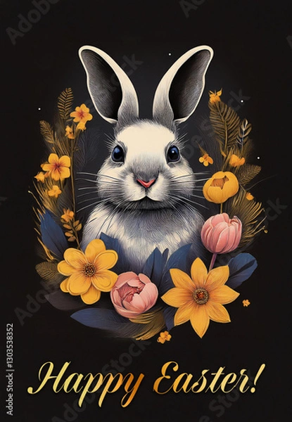 Obraz Easter holiday card concepts with portraits of a hare in spring flowers 