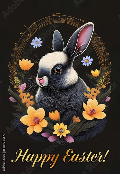 Obraz Easter holiday card concepts with portraits of a hare in spring flowers 