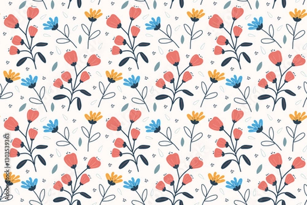 Fototapeta Vintage pattern with fancy flowers. Spring, summer season. Simple design. Wildflowers, red, yellow, blue.  For textiles, fashion, wallpaper, wrapping paper, notebooks.