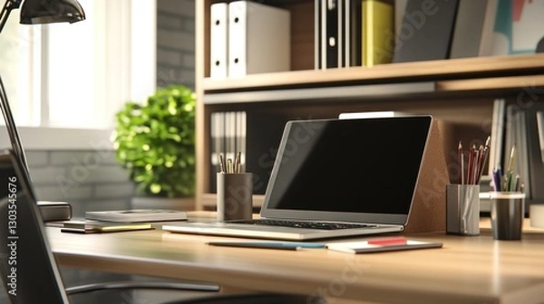 Fototapeta Cozy home office setup with laptop and warm lighting for productivity