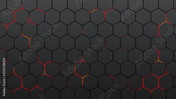 Fototapeta black hexagons with red glow. Black background of honeycombs and red lava. Pattern of geometric figure. Background of figures with six sides of red-hot magma. Grid sestet. Wall polygon.