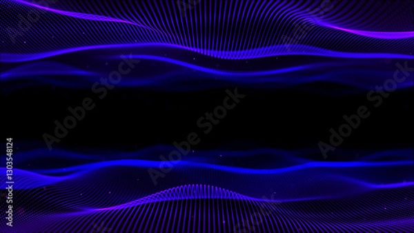 Fototapeta Two blue mirror waves. Symmetrical wavy background with flying particles. Wavy mesh frame in glowing purple reflection particle. Abstract wavy background. Big data, futuristic background.