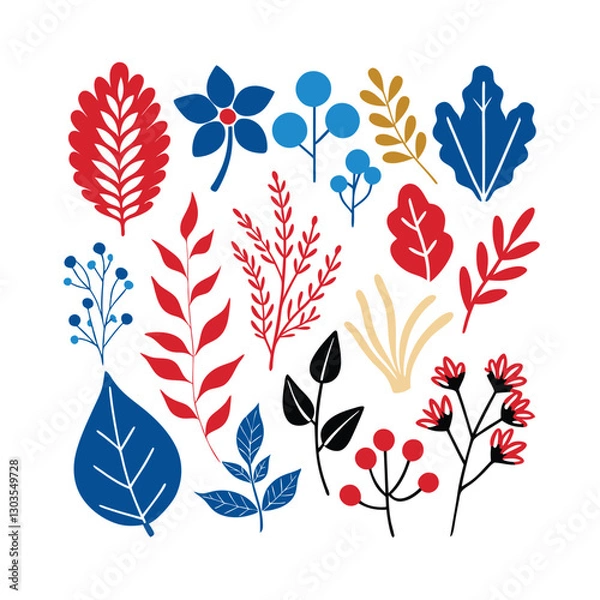 Fototapeta Stylized Botanical Illustrations Red, Blue, and Gold Floral Elements