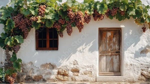Obraz  cozy house door with fruitful vine shade over the door, grape hanging down