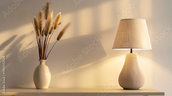 Fototapeta Soft light casts gentle shadows on a decorative lamp and a vase with dried plants in a cozy interior setting