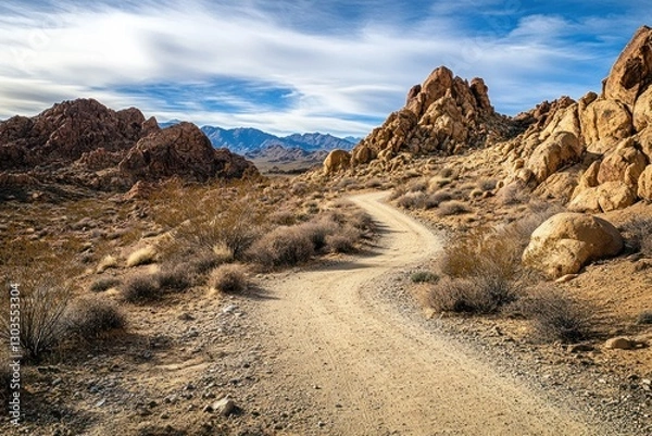 Fototapeta Curving path meanders through a barren desert dotted with large rock formations and minimal plant life under a vast sky