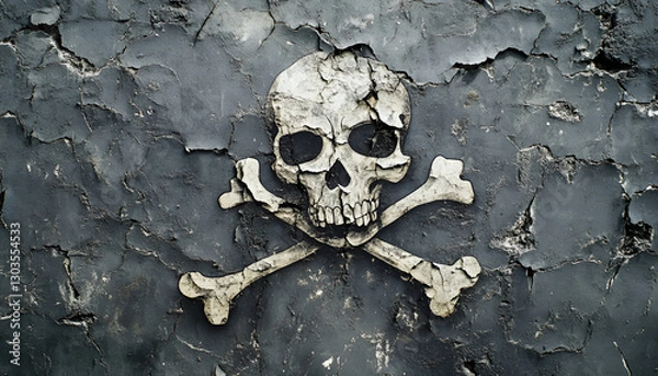 Fototapeta Pirate symbol Jolly Roger, a skull and crossbones graffiti on black rough wall that cracks, breaks and fall apart revealing a gray background