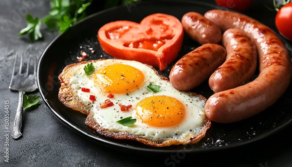 Fototapeta Delicious breakfast with heart shaped fried eggs and sausages on dark gray table
