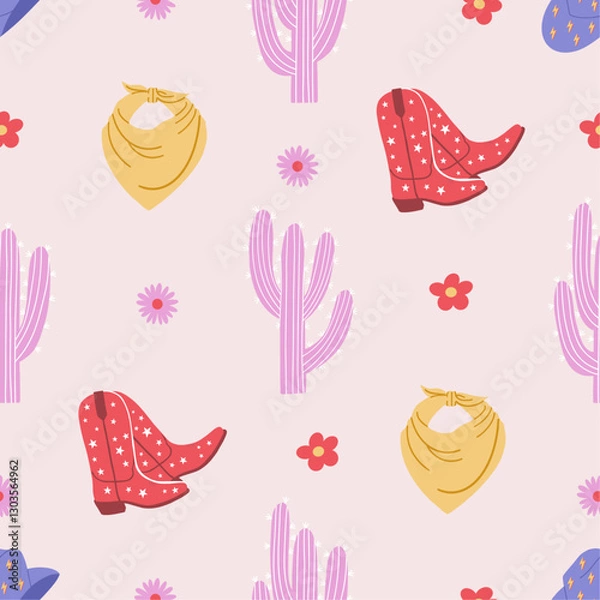 Obraz Seamless pattern with cowboy elements. Cowgirl boots and hat, bandana, cactus. Wild west, western retro design. Pink background. Hand drawn vector illustration