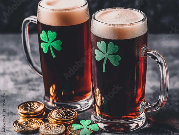 Fototapeta St. Patrick’s Day Dark Beer Mugs with Shamrock and Gold Coins – Irish Pub Celebration