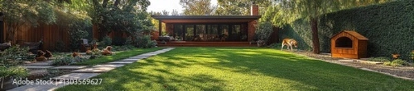 Obraz Cozy backyard with pets lounging and beautiful landscape design. Generative AI